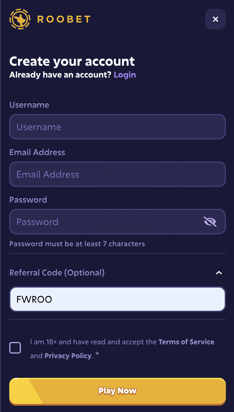 Roobet sign up and promo code entry